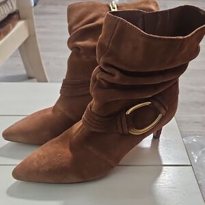 Brown Suede Ankle Boots with Gold Buckle